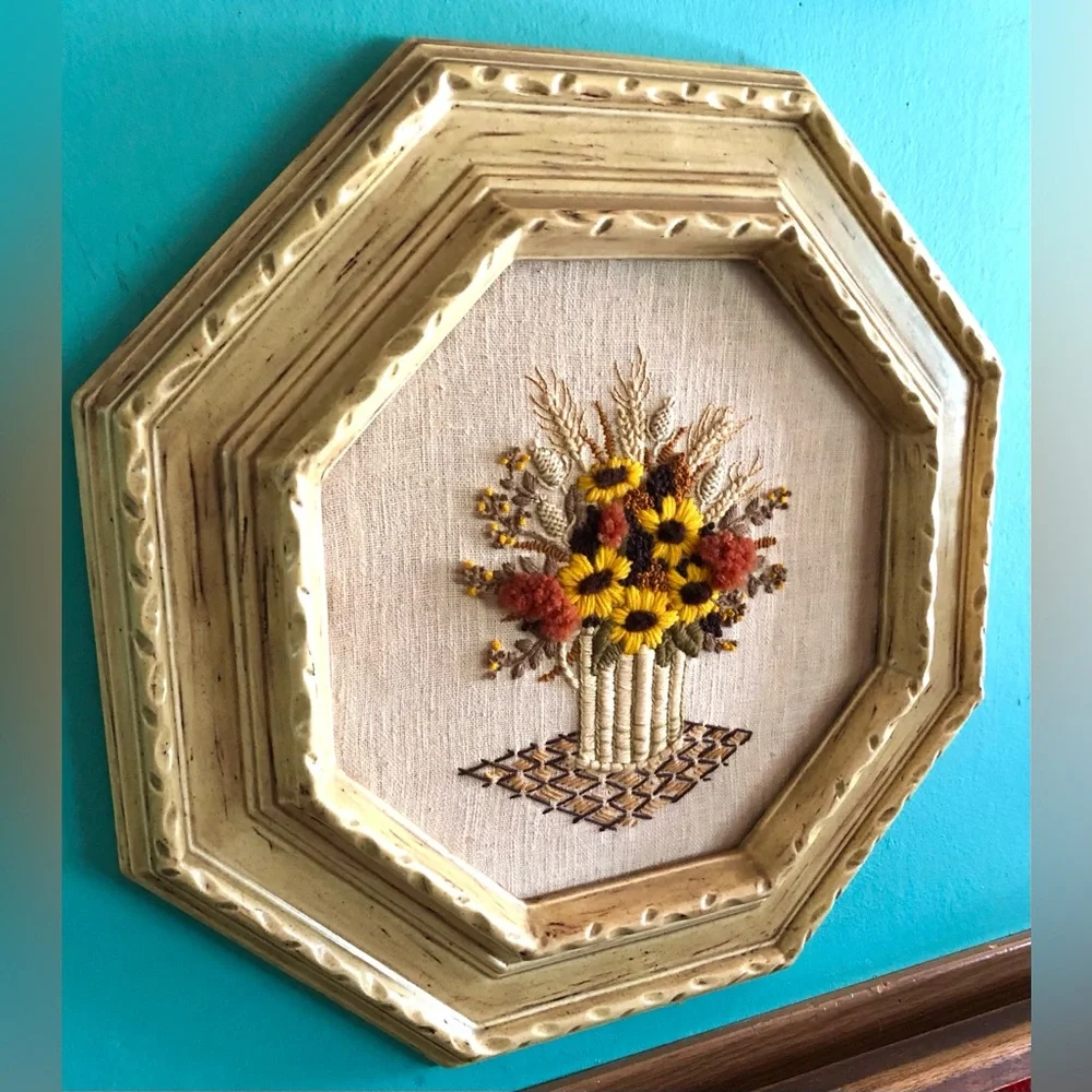 11047 Mid Century Boho Hand Worked Floral Crewelwork in Octagon Ceramic Frame